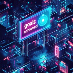A futuristic neon cityscape with a glowing billboard proclaiming 'goals achieved', showcasing vibrant colors and digital elements.