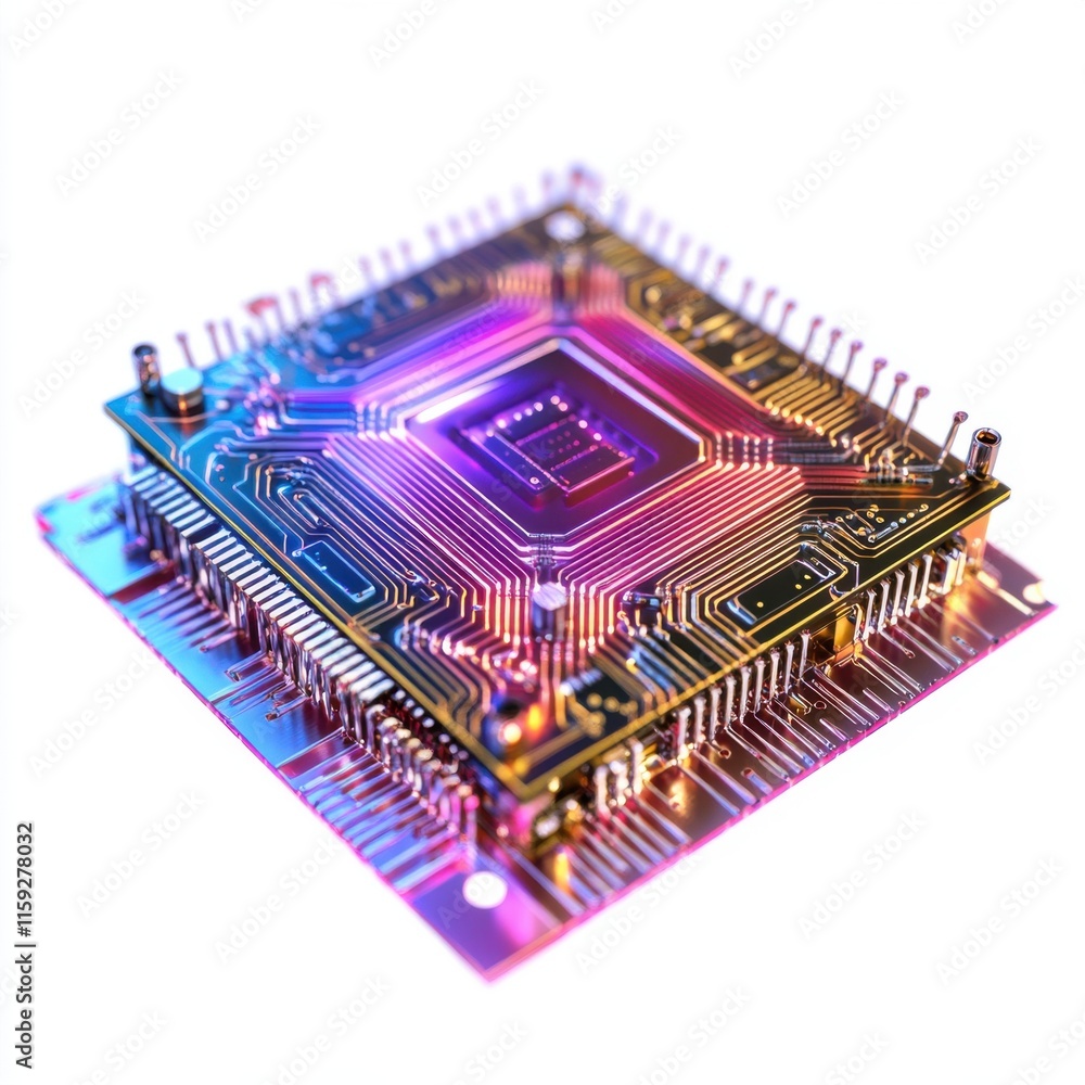 Poster close-up view of a colorful microprocessor chip showcasing intricate circuitry and design.