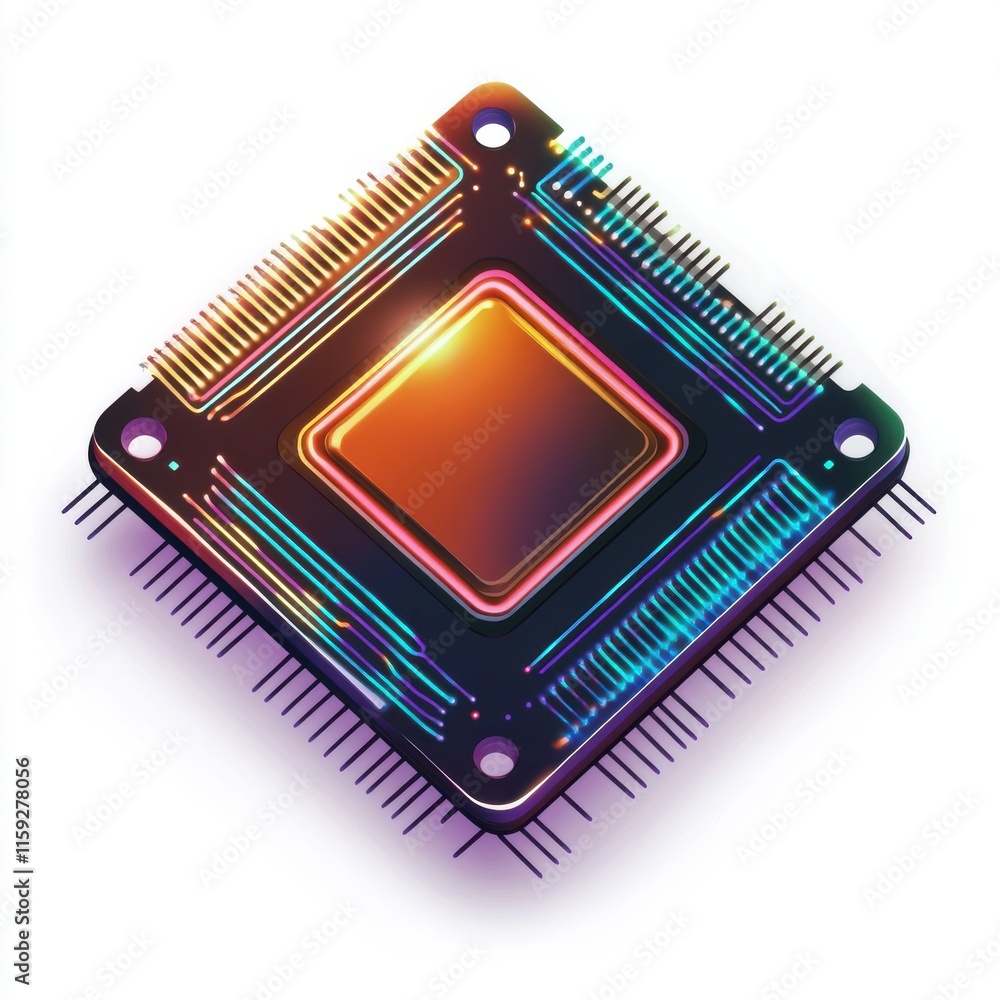 Poster colorful abstract representation of a computer microchip on a white background.