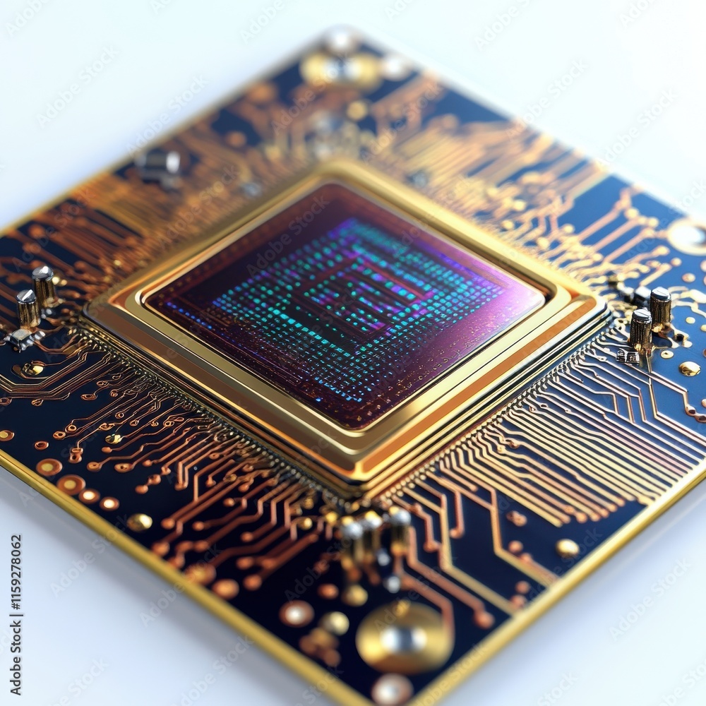 Poster close-up of an intricate microprocessor chip showcasing detailed circuit patterns and vibrant colors