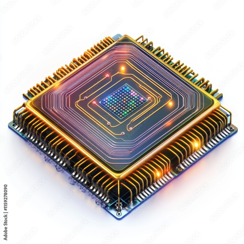 Poster a glowing microchip with intricate circuitry illuminated in vibrant colors, showcasing modern techno