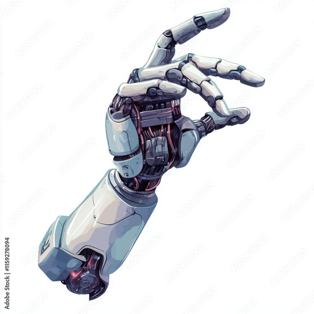 Poster futuristic robotic hand showcasing advanced design with intricate details and mechanical components.