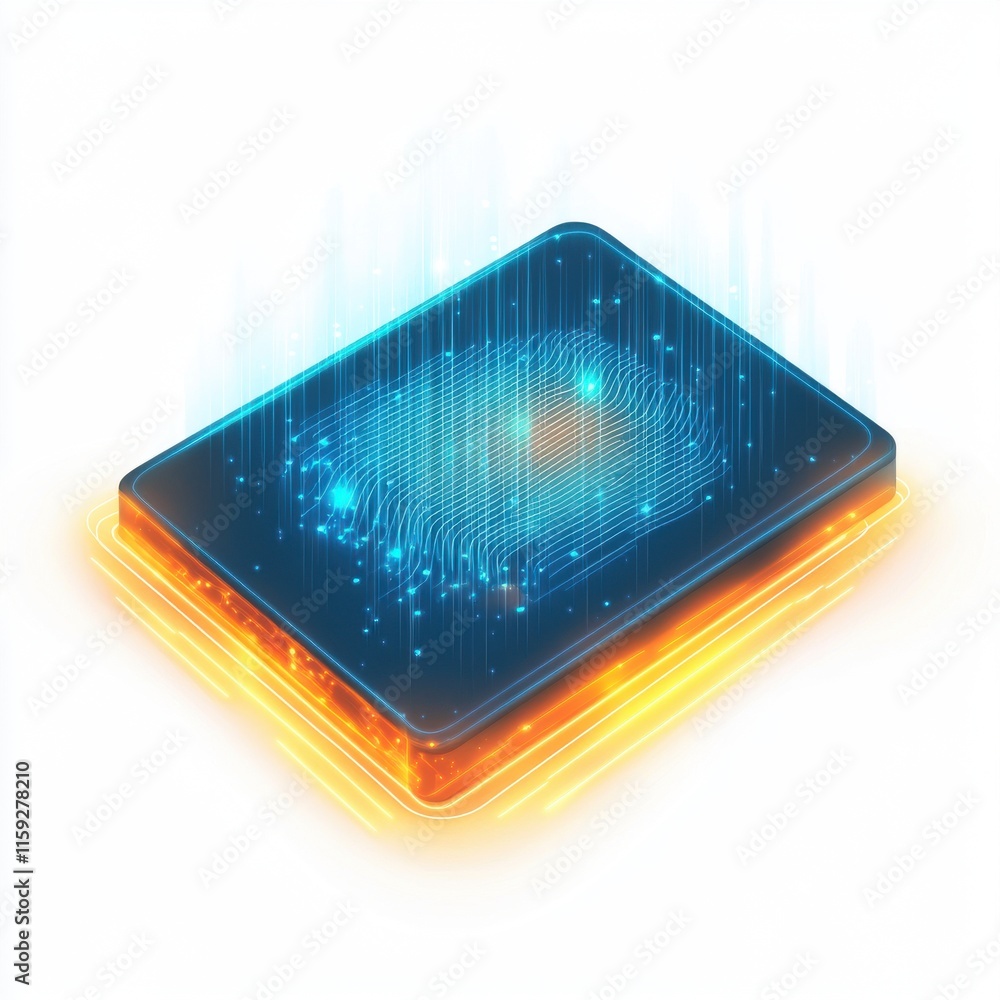 Poster an artistic representation of a glowing, futuristic computer chip with vibrant digital patterns in b