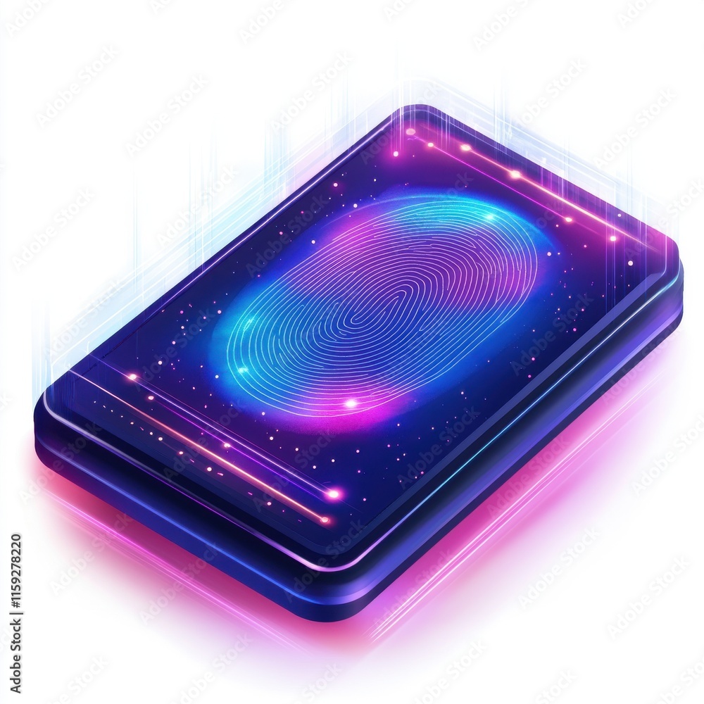 Poster futuristic fingerprint scanner interface with vibrant colors and starry background, symbolizing secu