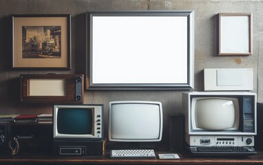 Blank white poster framed in sleek silver, set against an image of a vintage computer setup with a CRT monitor, floppy disks, and the early days of the internet on display 