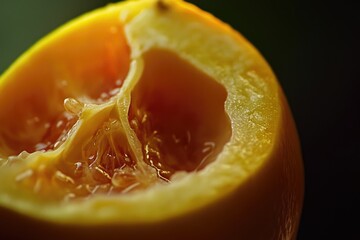 A close-up shot of the half of an orange with visible texture and peel