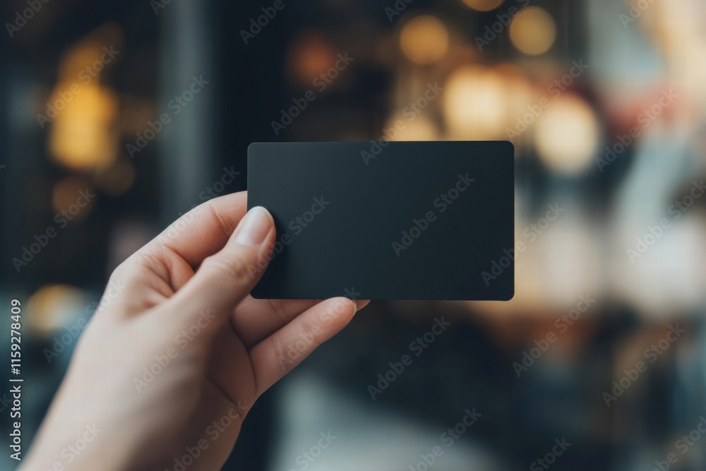 Poster hand holds a sleek black gift card against a blurred background, ideal for customizable text and des