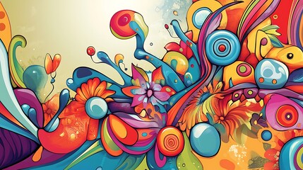 Fototapeta premium A vibrant abstract design featuring colorful swirls, flowers, and organic shapes.