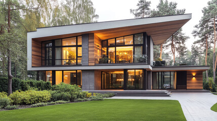 Obraz premium A modern, two-story house with large windows, wood and stone accents, surrounded by trees and a green lawn. Architecture, modern home design, real estate, and luxury living.