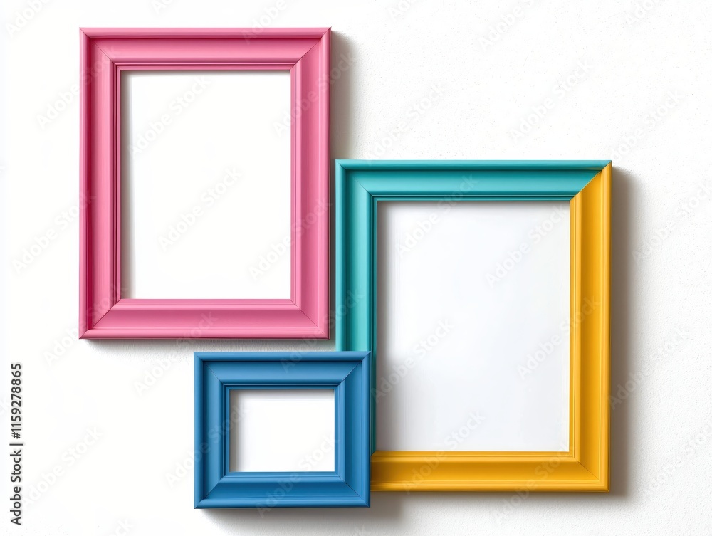 Aufkleber colorful empty picture frames in various sizes arranged on a white background