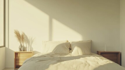 Contemporary minimalist bedroom with minimal furnishings. Featuring a clean, open design with sleek lines