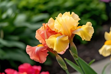 Fototapeta premium Vibrant Yellow and Orange Iris Flowers Blooming in Beautiful Garden Landscape
