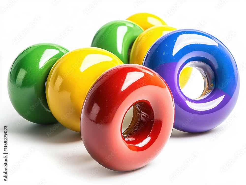 Poster colorful round objects displaying bright paint with glossy finish on white background