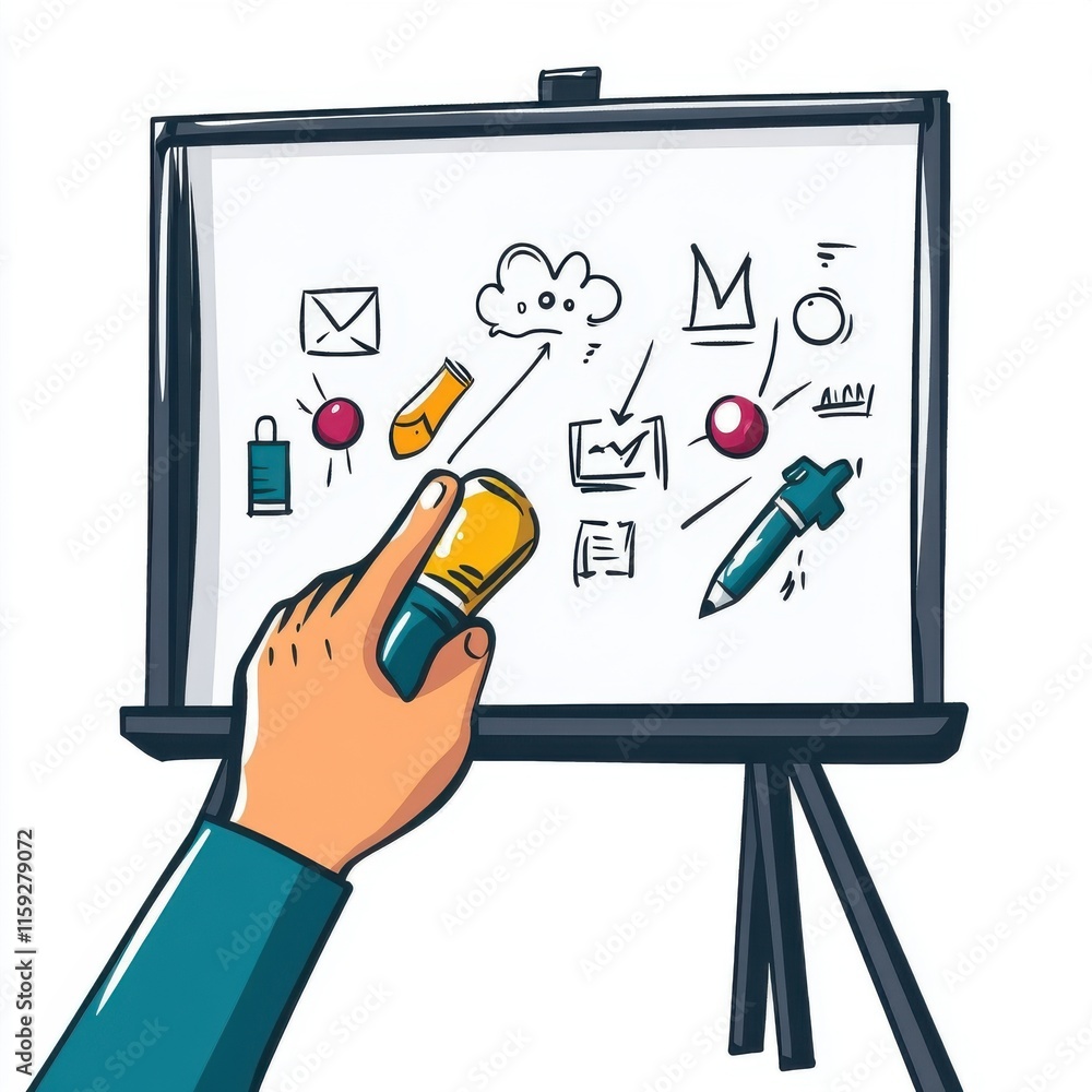 Poster a person pointing at a whiteboard filled with sketches, showcasing creativity and brainstorming in a