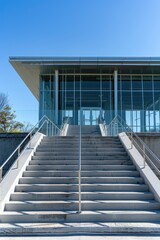 Modern building exterior with wide stairs leading to glass entrance under clear blue sky.