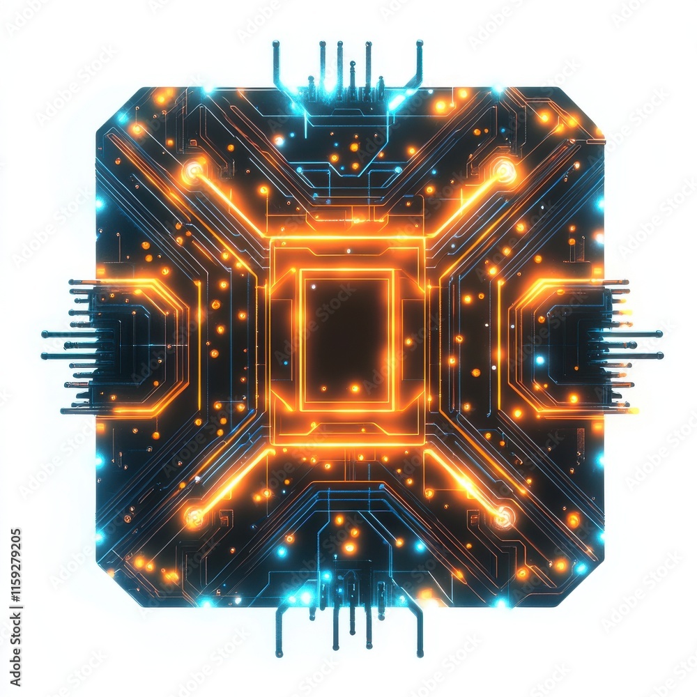 Aufkleber a mesmerizing close-up of a futuristic computer chip with glowing orange and blue circuits.