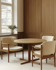 Fototapeta premium Round wooden meeting table with four chairs. Minimal office corner with light walls and large window. Calm collaboration and modern professionalism. Ideal for workplace branding and web headers.