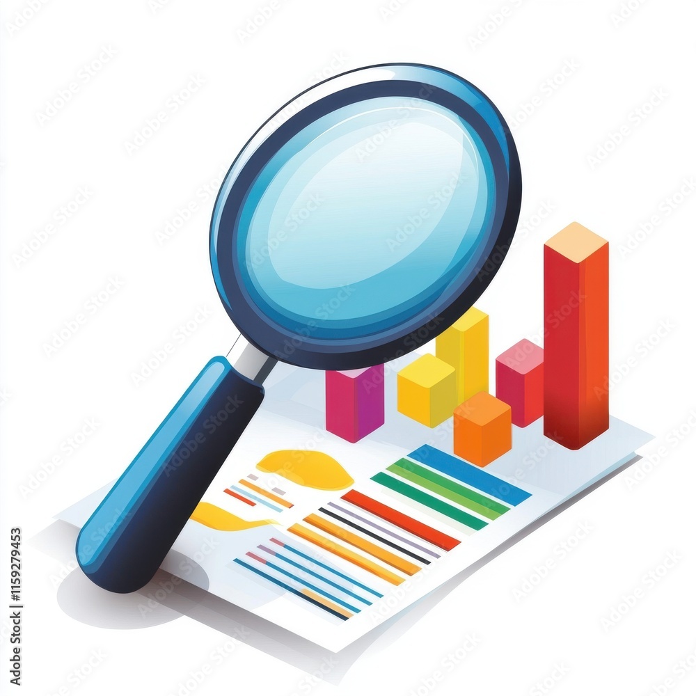Poster a colorful infographic with a magnifying glass emphasizing data analysis and insights.