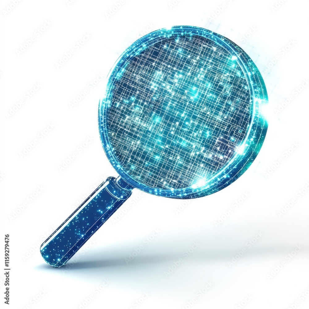 Poster a shimmering digital magnifying glass with a glowing grid pattern, symbolizing technology and innova