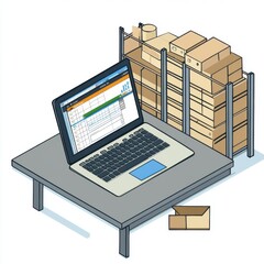 A digital workspace featuring a laptop with spreadsheets, surrounded by stacked boxes, symbolizing inventory management.