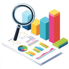 Colorful data visualization with charts and a magnifying glass analyzing statistics and trends.