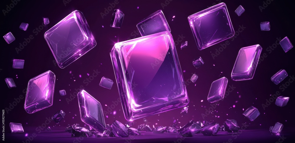 Poster floating purple illuminated cubes in a dynamic futuristic composition