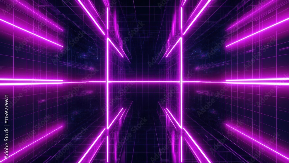 Poster futuristic tunnel featuring vibrant neon lights and a digital grid, creating an immersive, energetic