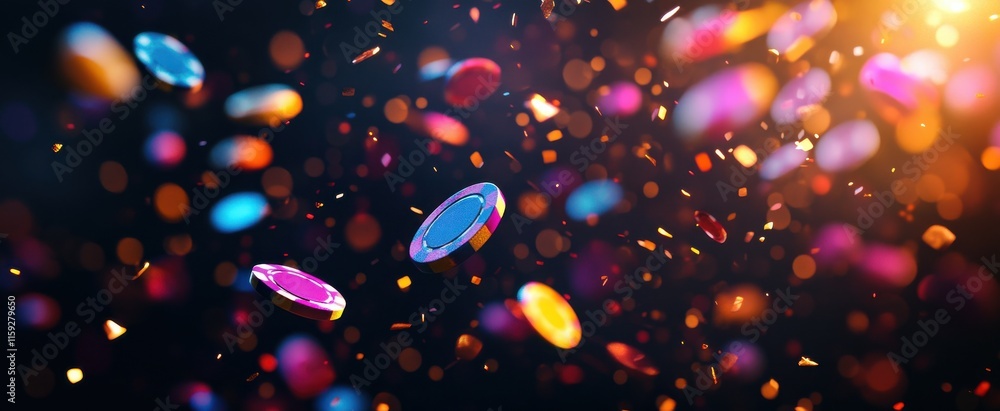 Poster dynamic burst of colorful coins and particles in vivid motion