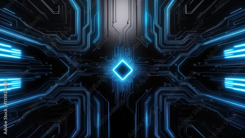 Poster futuristic digital circuit design with glowing blue lines and geometric shapes ideal for technology 