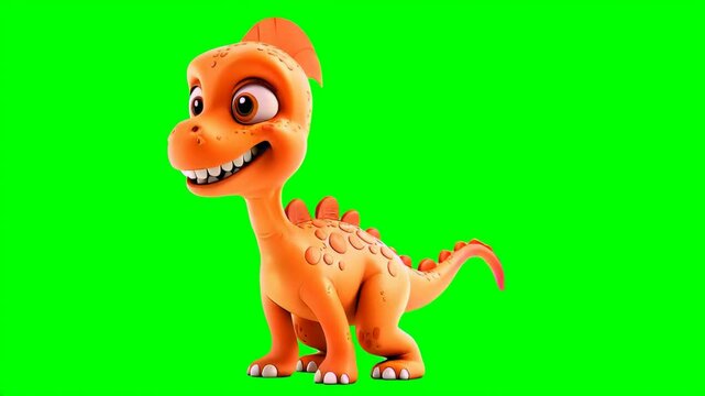 Cute Cartoon Baby Parasaurolophus Dinosaur on Chroma Green Screen Background: Perfect for Kids' Content