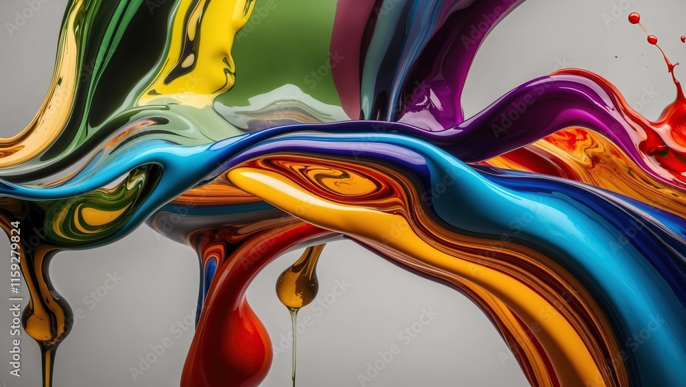 Poster vibrant abstract artwork featuring fluid splashes of colorful paint creating dynamic motion and arti