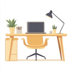 Stylish home office setup with a modern desk, laptop, potted plants, and desk lamp, perfect for productivity.