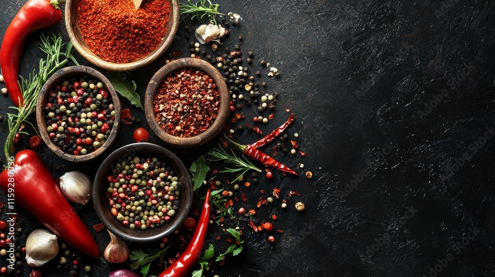 Poster assorted spices and peppers on a textured dark surface