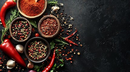 Assorted spices and peppers on a textured dark surface