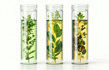 Three botanical samples immersed in vibrant liquid within transparent test tubes