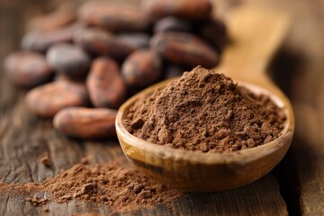 Wooden spoon filled with cacao powder, with beans blurred.