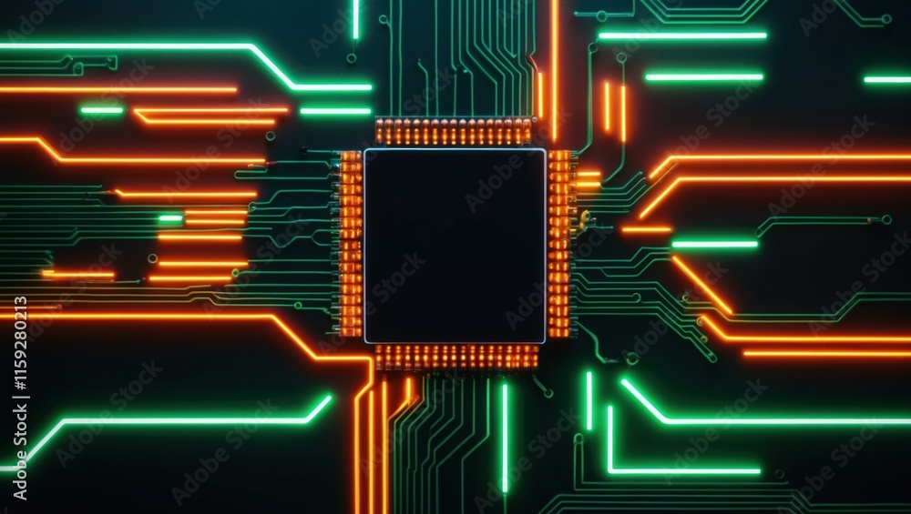 Poster futuristic circuit board design featuring a central microchip with glowing connections, showcasing t