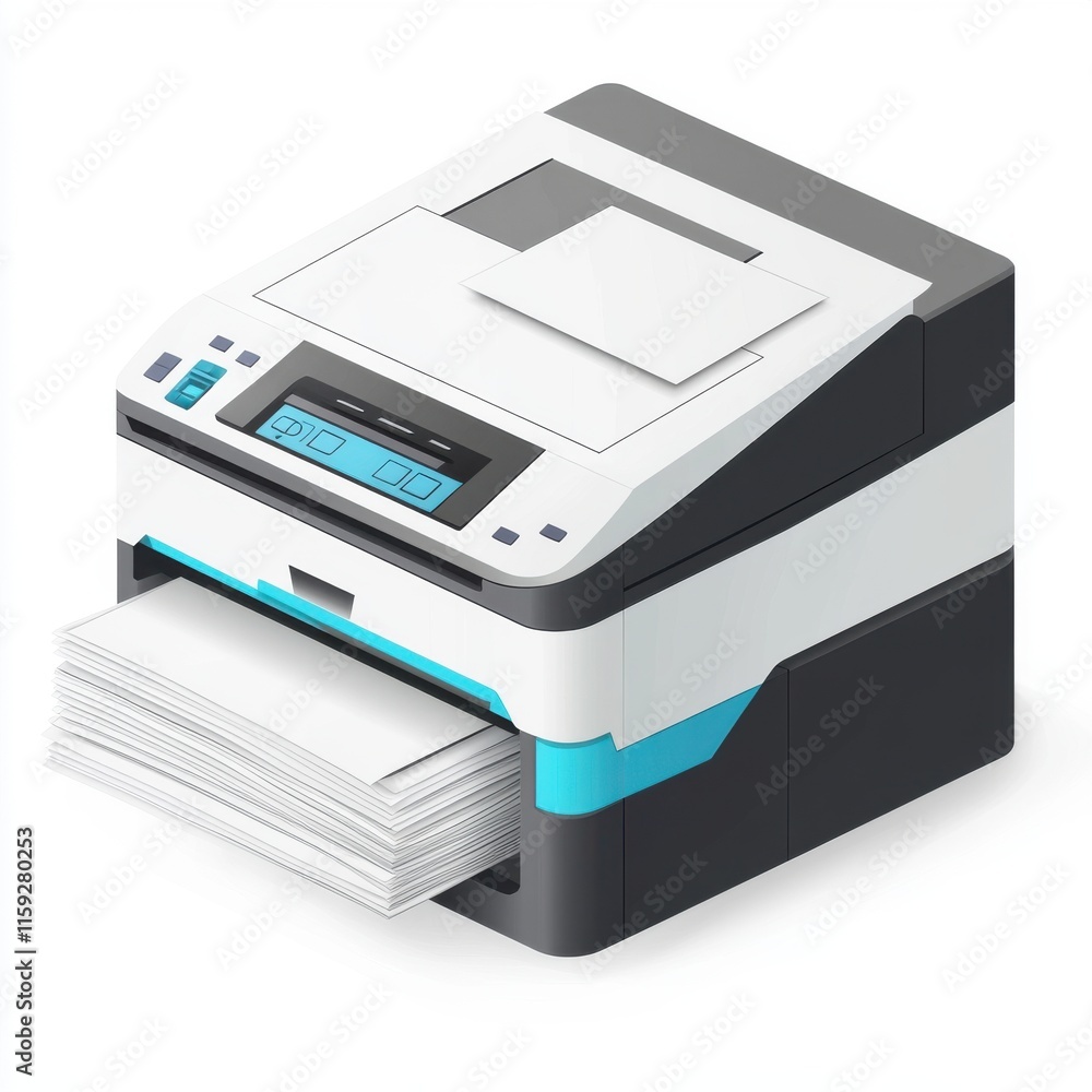 Poster a modern multi-function printer in sleek black and white design printing a stack of paper.