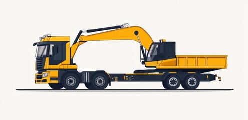 Illustration of a modern truck with attached excavator in vibrant yellow