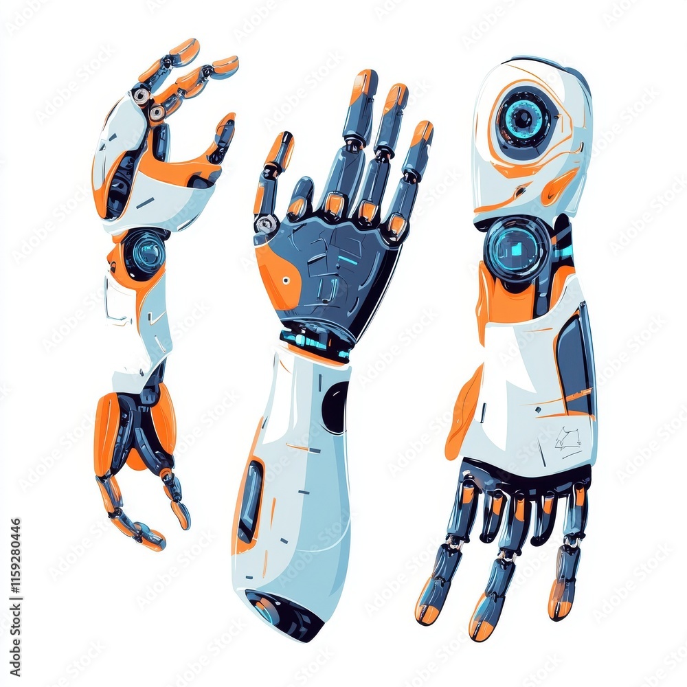 Poster futuristic robotic hands showcase advanced technology, featuring a sleek design with intricate detai
