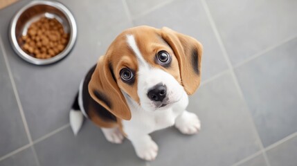 Adorable puppy waiting by food bowl cozy home animal photography