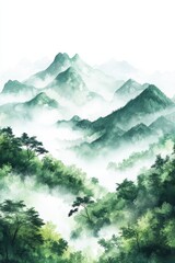 Fototapeta premium Serene watercolor landscape of green mountains in a misty forest setting