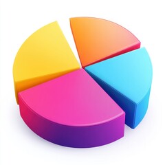 A colorful 3D pie chart displaying four segments in vibrant yellow, orange, pink, and blue.
