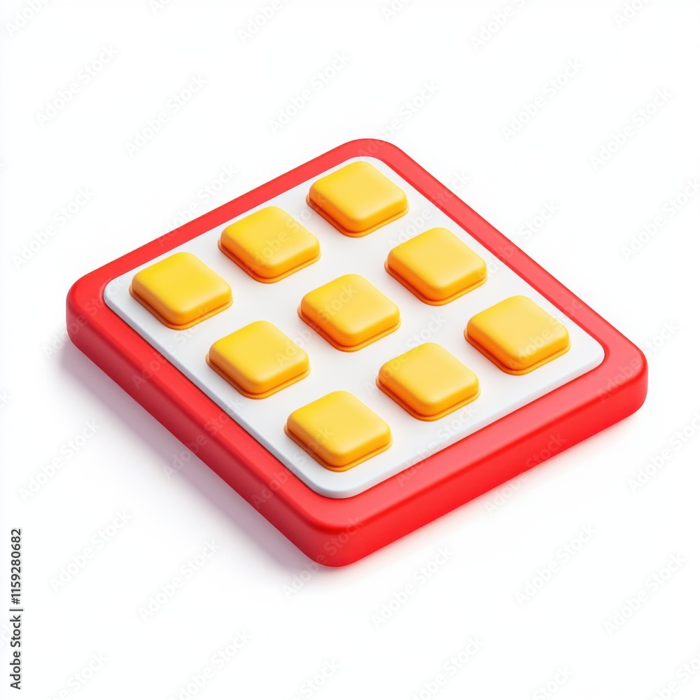 Poster Colorful toy with yellow buttons arranged in a grid on a red base, perfect for interactive play.