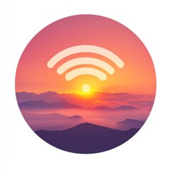 Obraz premium A serene sunset over mountains, symbolizing connectivity and tranquility with wireless signals in vibrant hues.