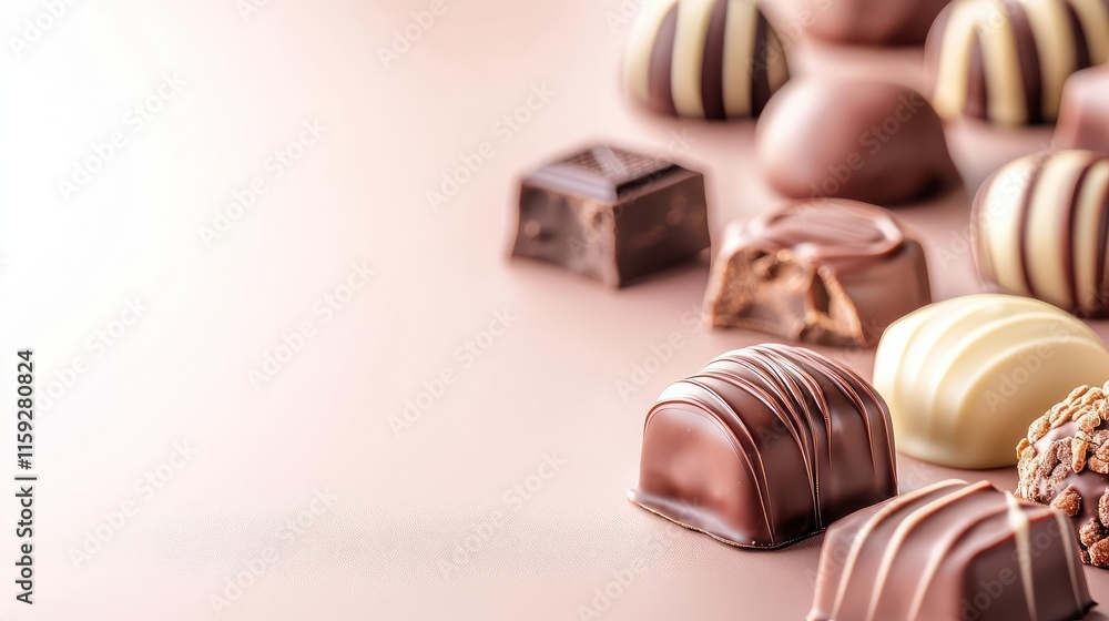 Poster minimal chocolates idea. delicious assortment of assorted chocolates on a soft pink background.