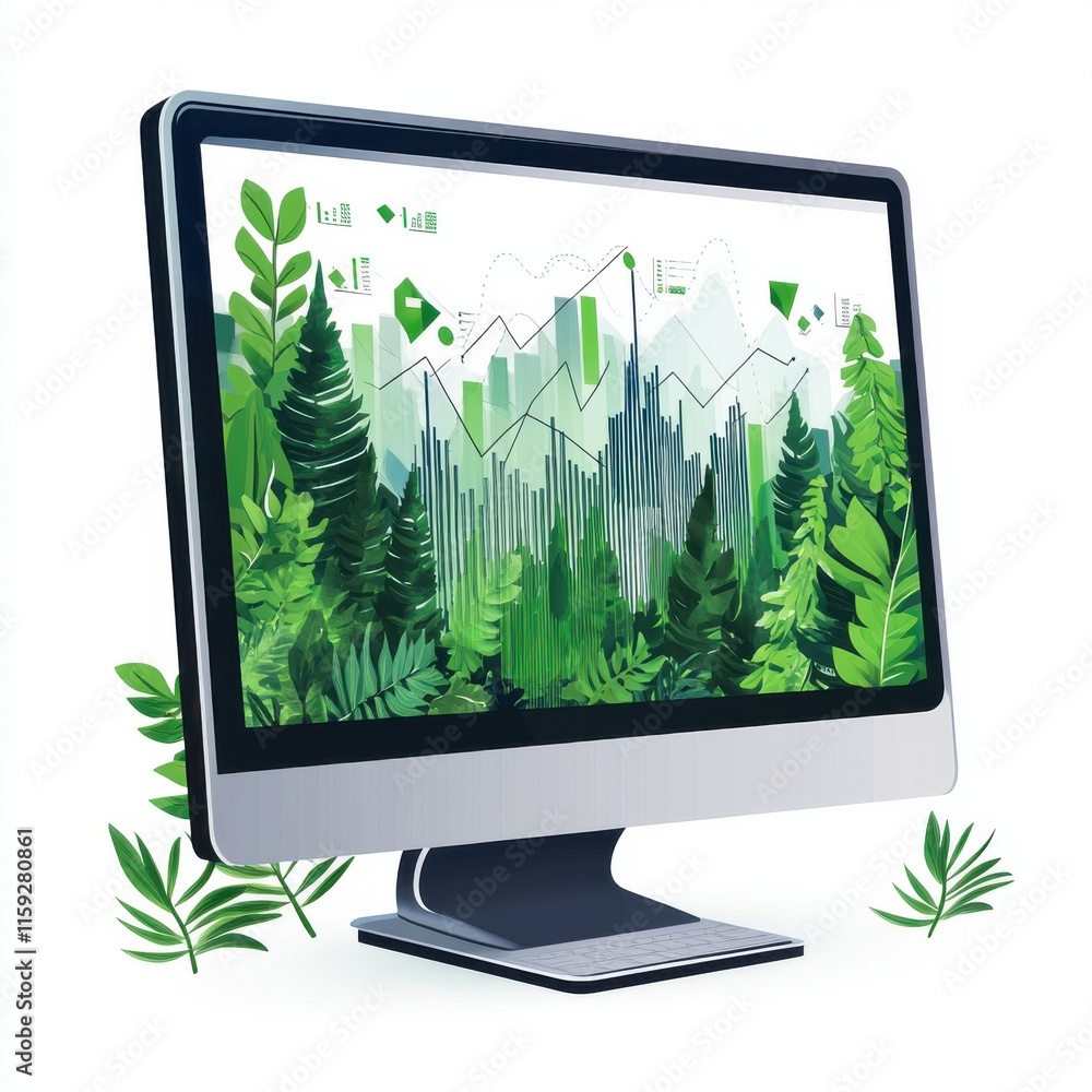 Aufkleber a sleek computer monitor displaying vibrant green data graphics against a lush forest backdrop, embo