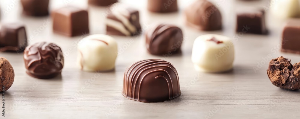 Poster minimal chocolates concept. an array of assorted chocolate candies on a light background, perfect fo