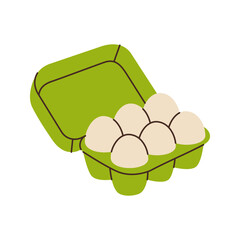 Raw eggs in cardboard container. Organic farm chicken eggs. Vector illustration.