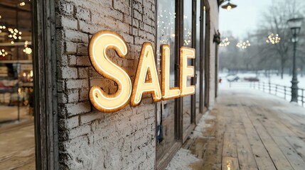 Neon Holiday Sale text glowing against a frosty windowpane, Exclusive Deals, urban winter vibe